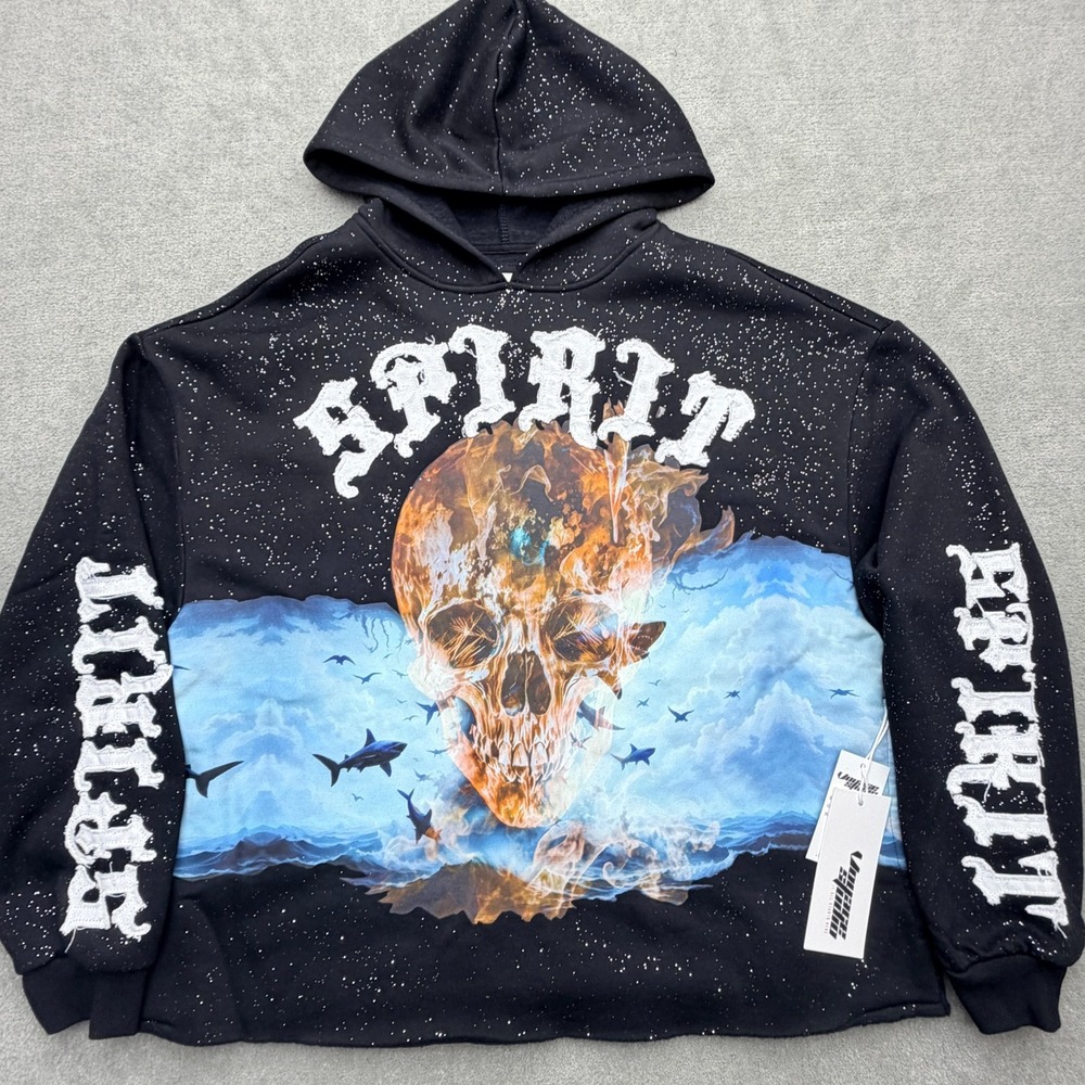 New Voyage Studio x Copper Rivet Spirit Pullover Hoodie Size S Black Graphic NWT
